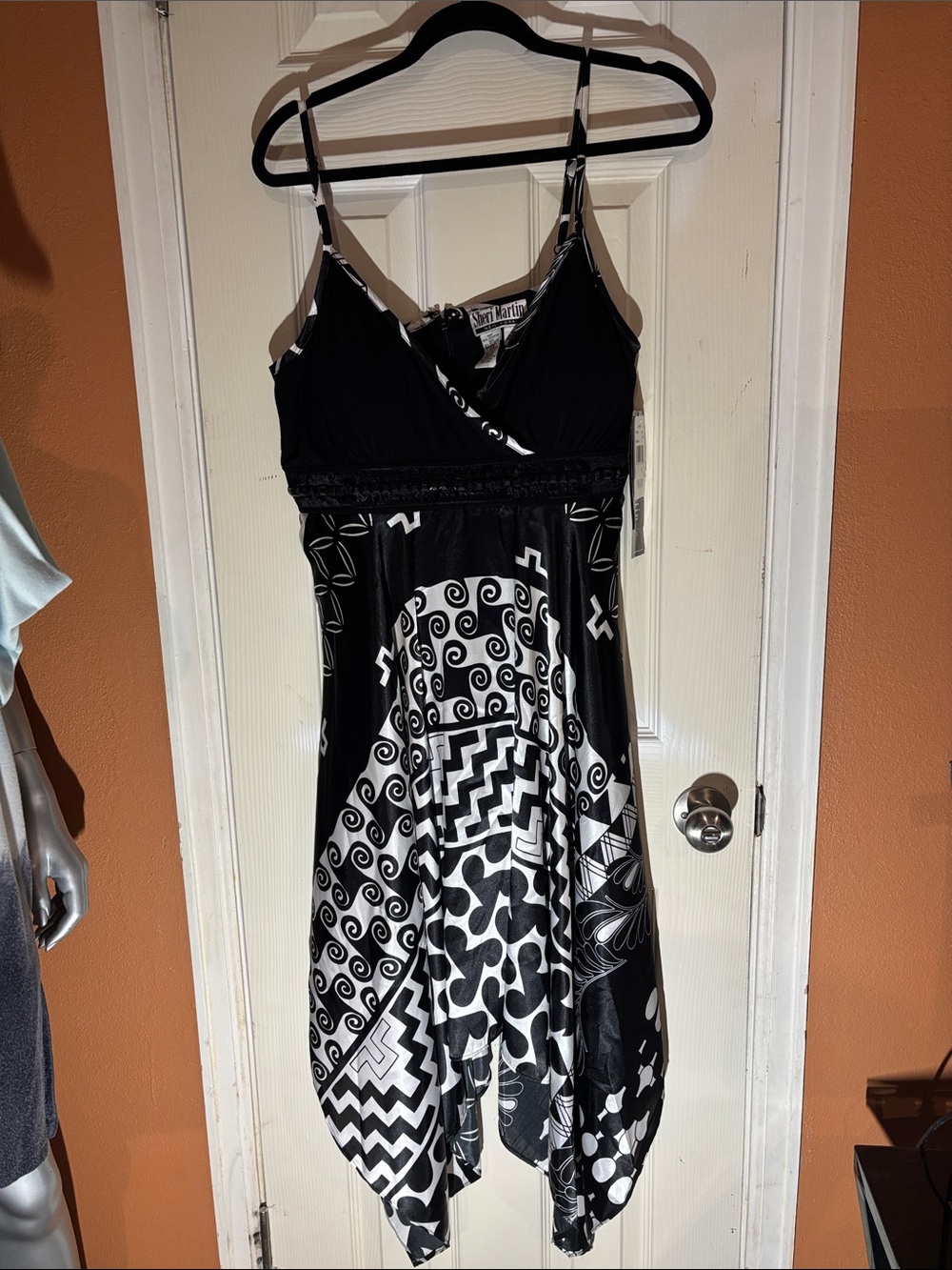 Sheri Martin Black and White Asymmetrical Spaghetti Strap Dress